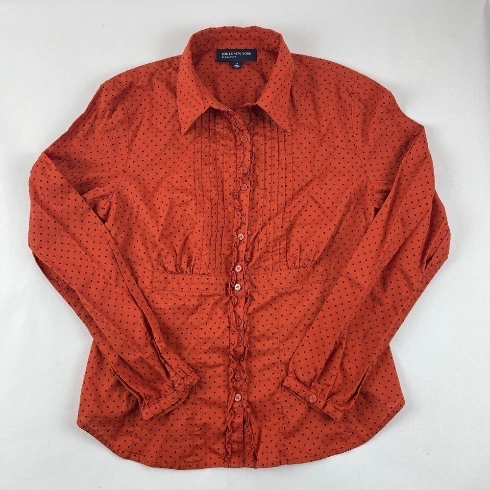 Jones New York Signature Button Up Shirt Womens Medium Orange Black Dots Ruffles